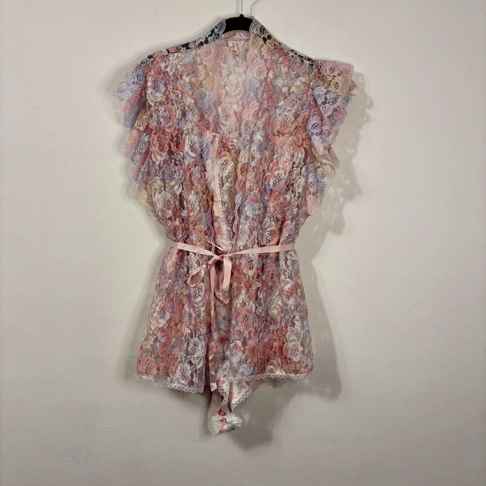Vintage Jezebel Pastel Floral Lace Teddy Romper Lingerie Set Sz S